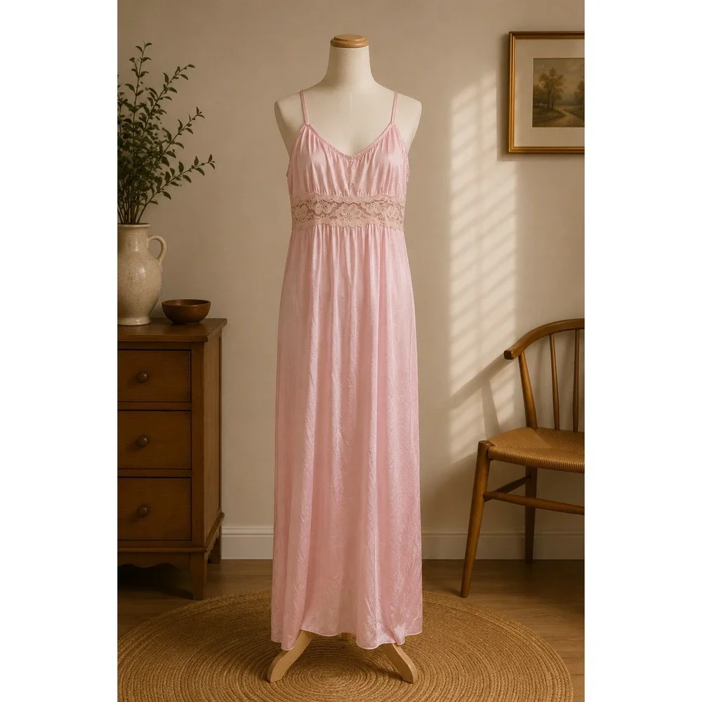 Vintage Pink Nylon Lace Empire Waist Nightgown Maxi Chemise Sleepwear Medium USA